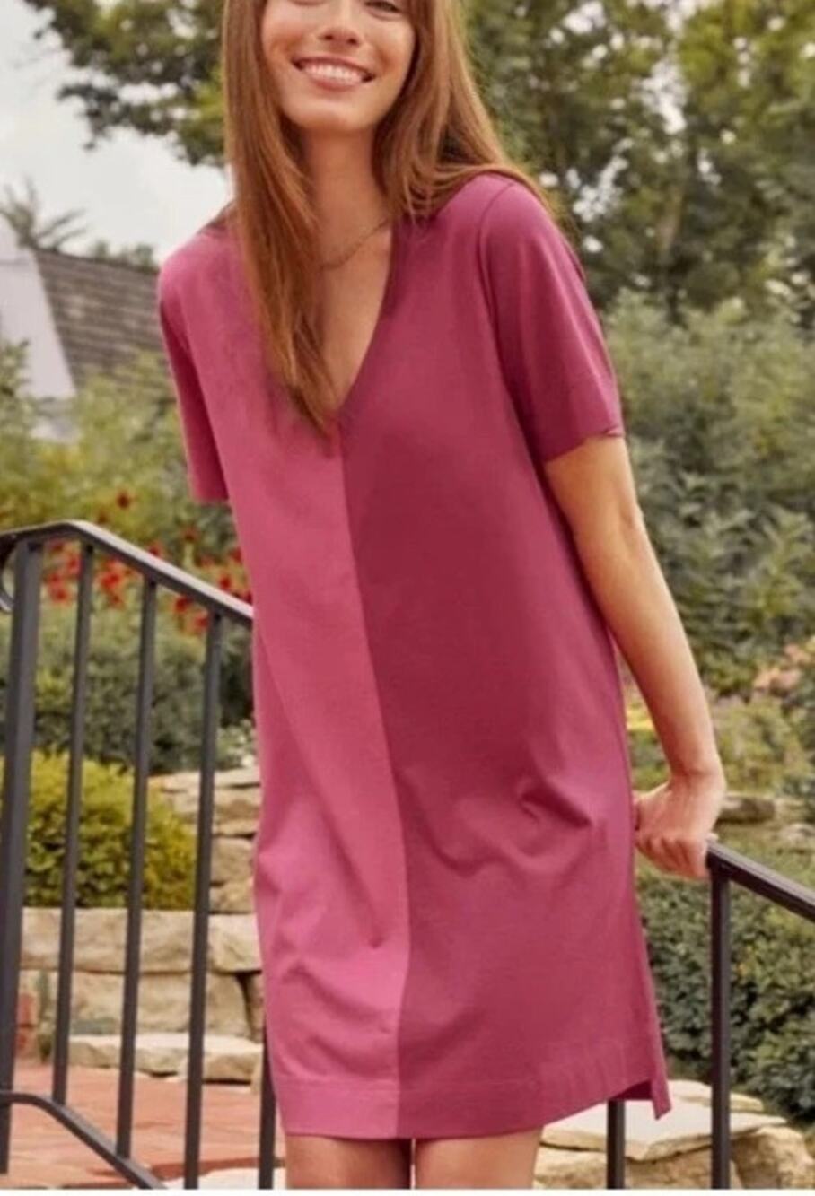 Summersalt Pima Cotton Colorblock V-Neck T-Shirt Mini Dress Pink Red Medium